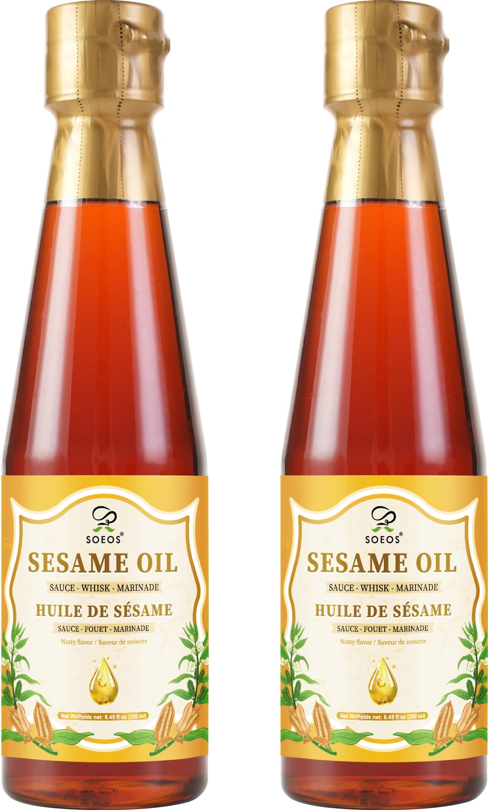 Soeos toasted sesame oil bottle front, finishing oil for rich flavor.