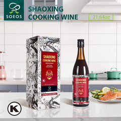 Soeos Shaoxing wine label closeup, highlights traditional production quality.