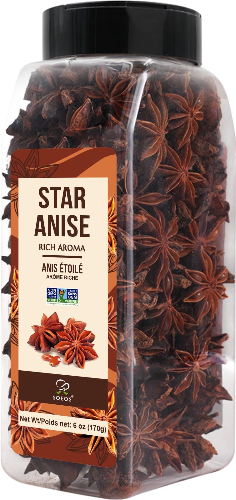 Soeos Star Anise Seeds bottle closeup for fresh aroma and easy storage.