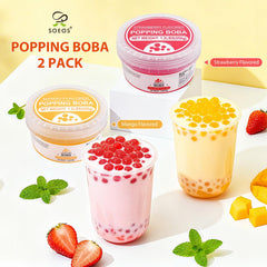 Soeos Strawberry Mango Popping Boba pack back view emphasizes premium quality pearls for drinks