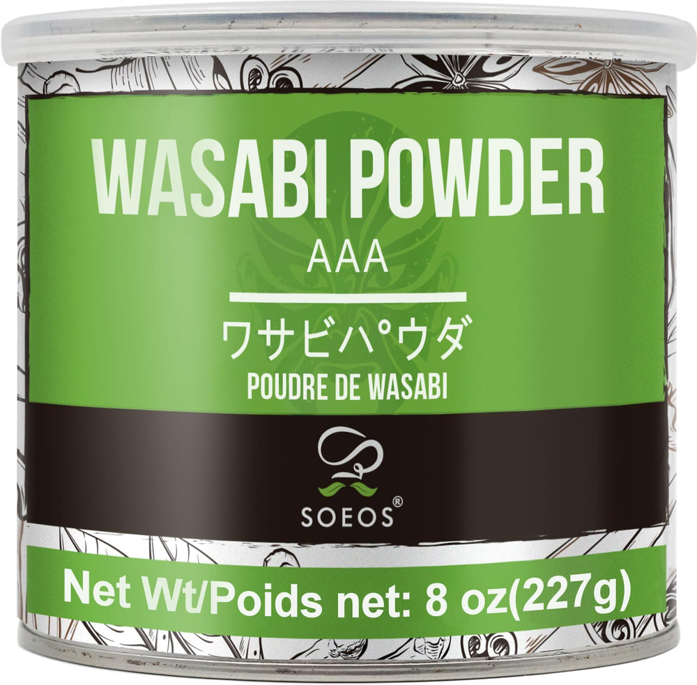 Soeos Wasabi Powder 8oz jar front label for sushi and sashimi use.