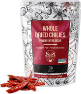 Soeos whole dried chili 4oz bag highlights natural flavor and mild heat.