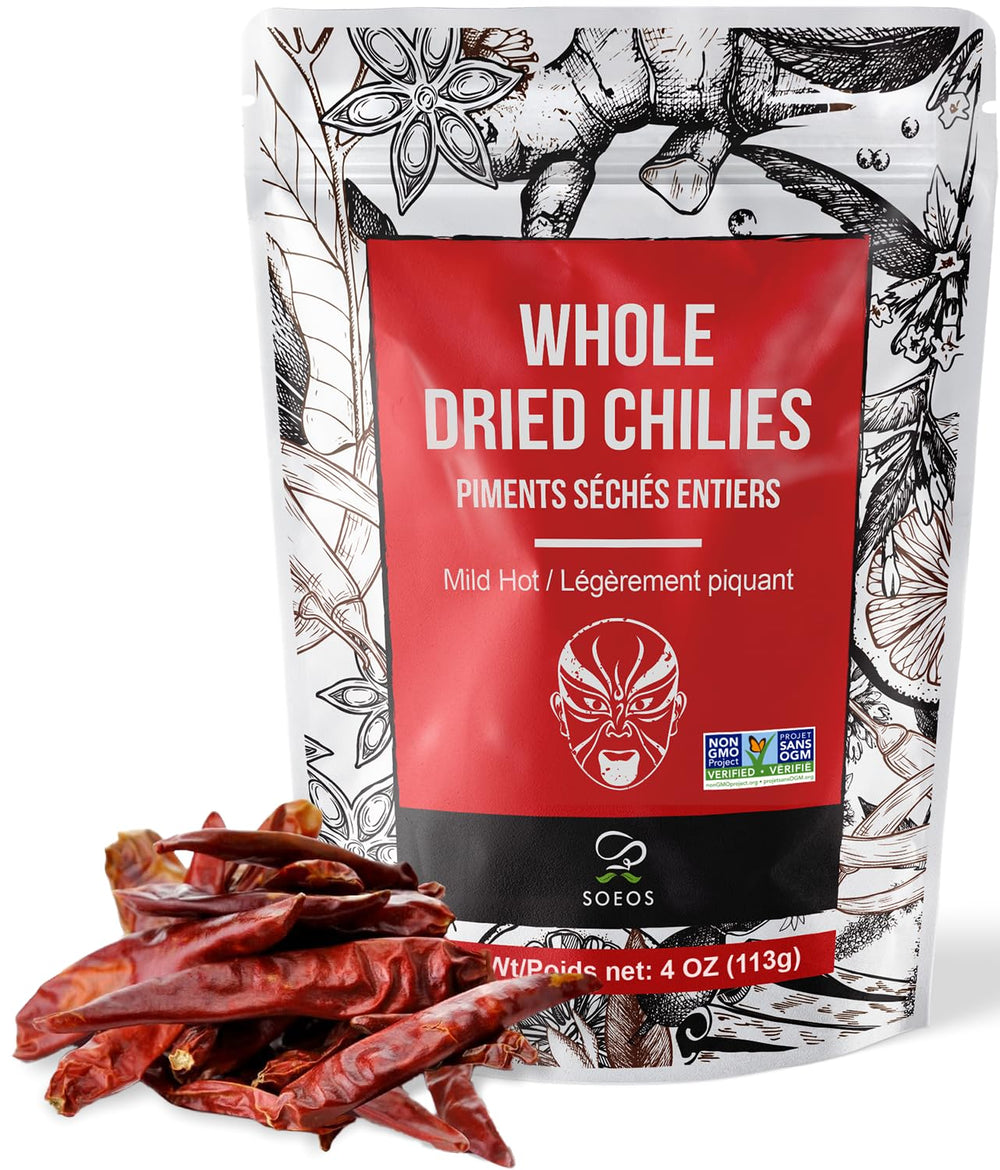 Soeos whole dried chilies 4oz pack adds mild heat to Mexican and Asian dishes.