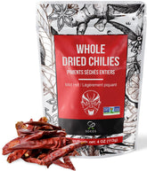 Soeos whole dried chilies 4oz pack adds mild heat to Mexican and Asian dishes.