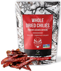 Soeos whole dried chilies 4oz pack adds mild heat to Mexican and Asian dishes.