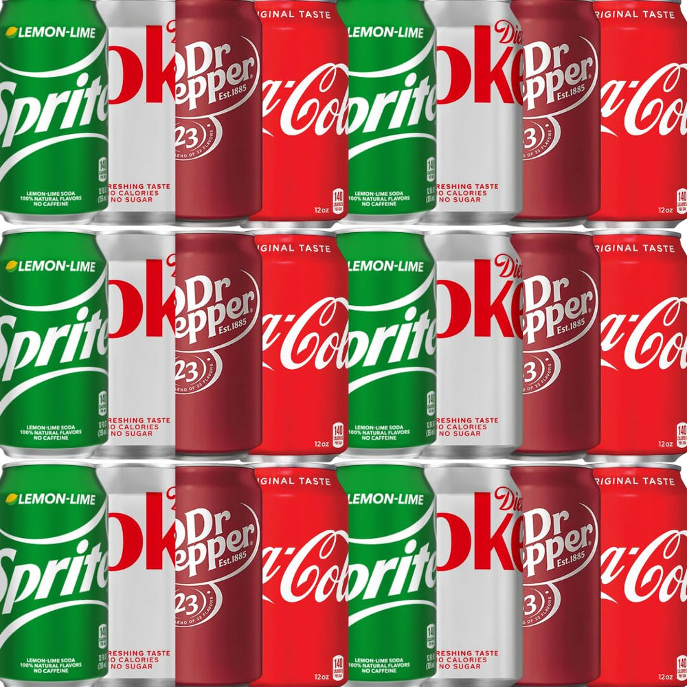 Soft Drink Assortment: 4 flavors in 12oz cans for parties and office refreshment.