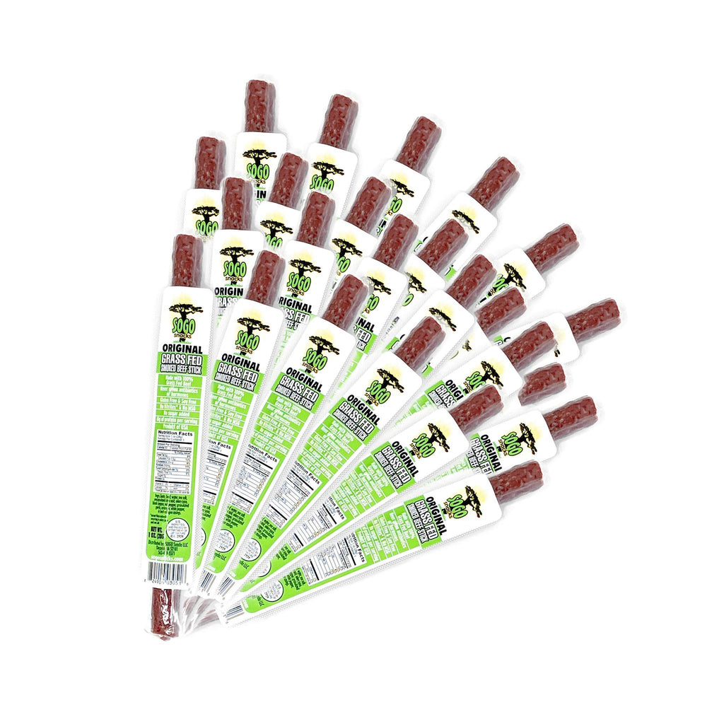 Sogo Snacks original beef stick packaging shows a 1oz serving, ideal for on-the-go protein.