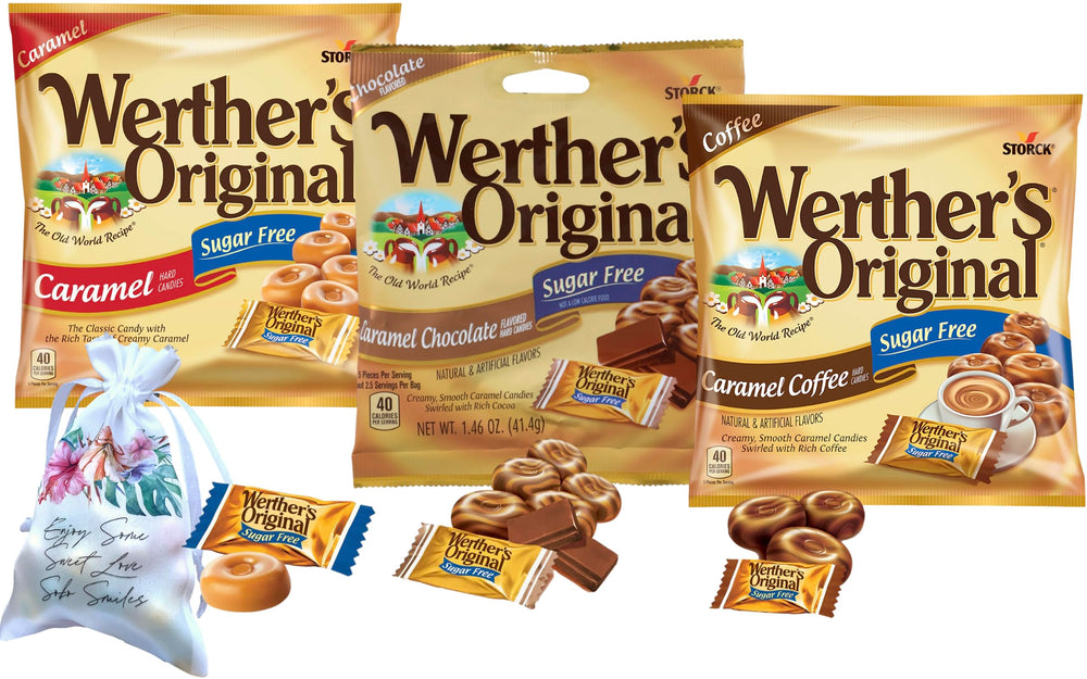 Packaging for Soko Smiles Werther's Original Sugar Free candy, ideal for gifting and desk display.