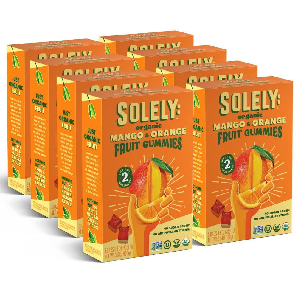 SOLELY Organic Mango and Orange Gummies pack shot for convenient on-the-go snacking