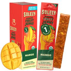 SOLELY Organic Mango Fruit Jerky pack with twelve individually wrapped slices for portable snacking.