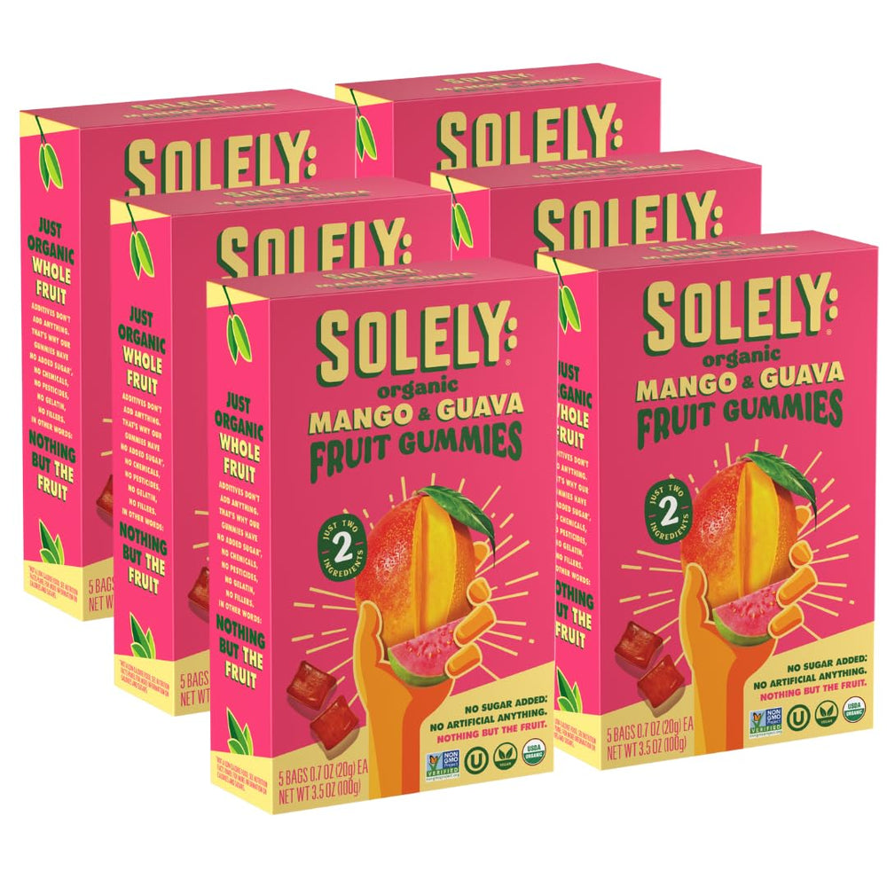 SOLELY Organic Mango Guava Gummies front view, a convenient daily snack for all ages.