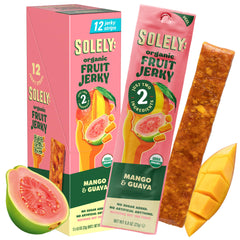 SOLELY Mango Guava Jerky 12-pack front view for on-the-go healthy snacking.