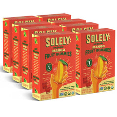 SOLELY Organic Mango Gummies pack eight boxes, ready for on-the-go snacking.