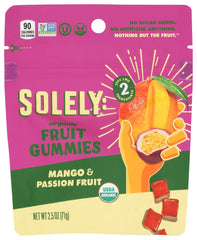 SOLELY Organic Mango and Passion Fruit Gummies pack highlights real fruit flavor and portability
