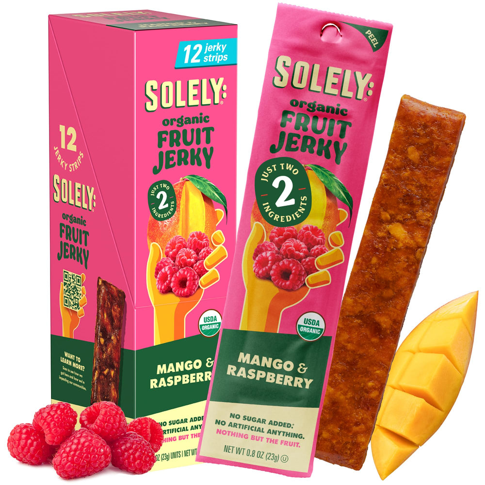 SOLELY mango raspberry fruit jerky packaging, a convenient healthy snack for busy days.