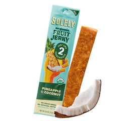SOLELY pineapple coconut fruit jerky pack, a convenient no-added-sugar snack for on-the-go.