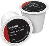 Solimo dark roast coffee pods in the box front for bold mornings.