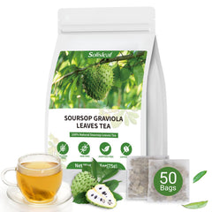 Solisleaf soursop tea bags packaging, eco-friendly and additive-free for everyday use.