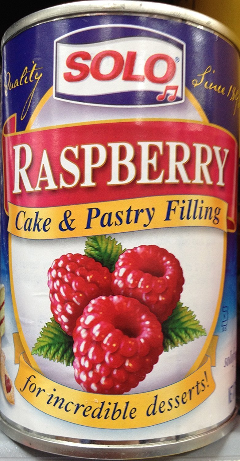 Solo Raspberry cake filling can, 12 oz, ideal for layered cakes and pastries.