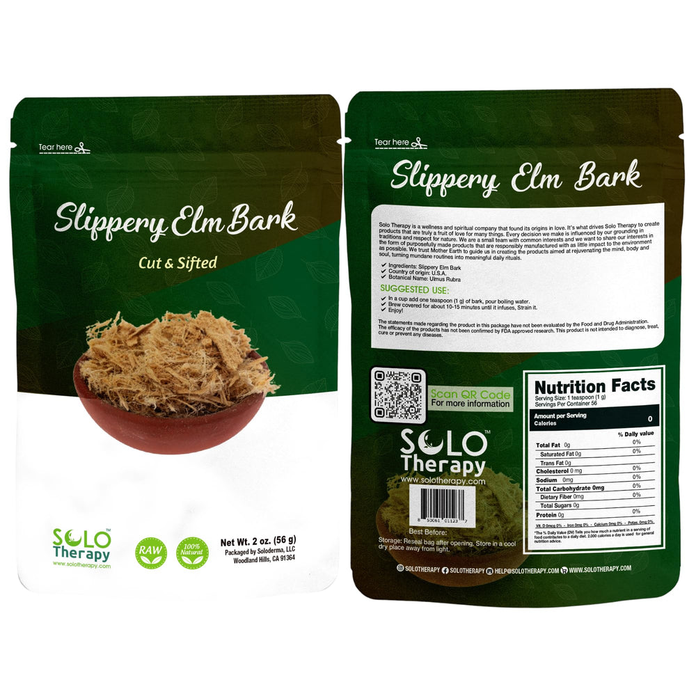 Solo Therapy slippery elm tea bark in a resealable bag ready for easy brewing.