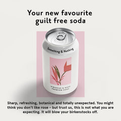 Something & Nothing hibiscus-rose sparkling water can label close-up, natural ingredients.