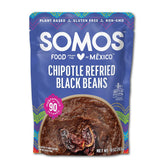 SOMOS Chipotle Refried Black Beans can label displaying smoky flavor and 8g protein per serving.