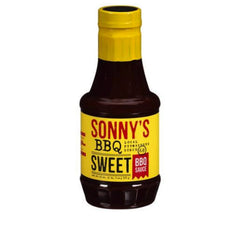 Sonny's BBQ Sweet Real Pit sauce bottle for ribs and pork, enhances smoky flavor.