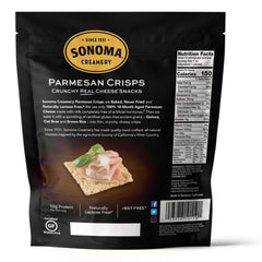 Sonoma Creamery Parmesan cheese crisps in a snack bowl, a crunchy high-protein gluten-free treat.