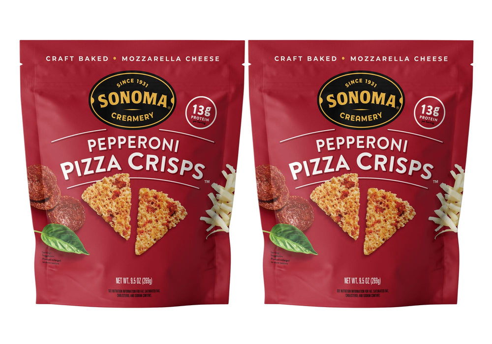 Sonoma Creamery Pizza Crisps Pepperoni pack highlighting a high-protein snack option.