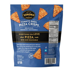 Sonoma Creamery Tomato Basil pizza crisps, crunchy bite ideal for on-the-go snacking and flavor variety