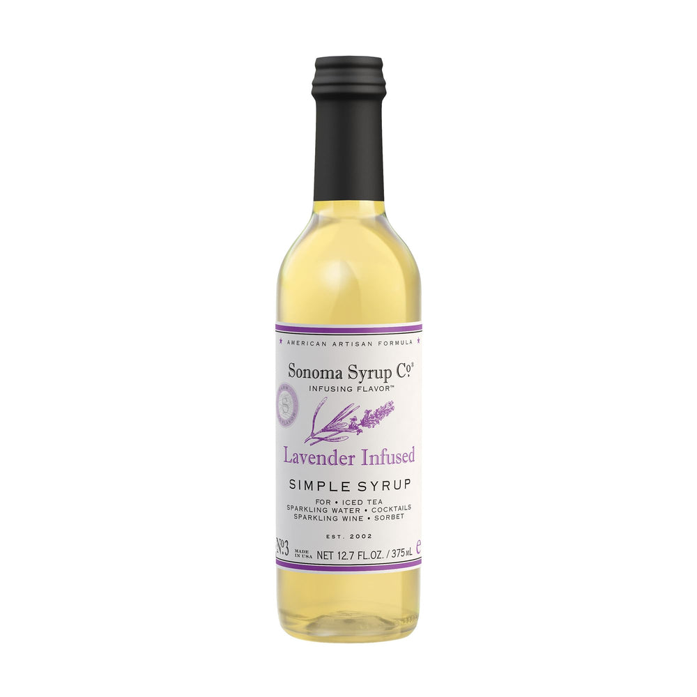 Sonoma Syrup Co Lavender Infused Simple Syrup bottle enhances coffee, cocktails, and desserts.