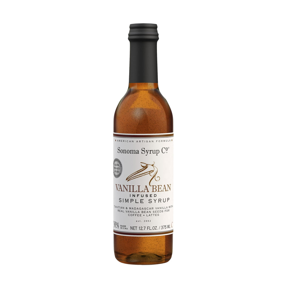 Sonoma Syrup Co. Vanilla Bean Infused Simple Syrup bottle enhances coffee flavor with vanilla notes.