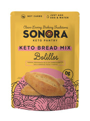 Sonora Keto Bread Mix packaging showcases zero net carbs and authentic branding