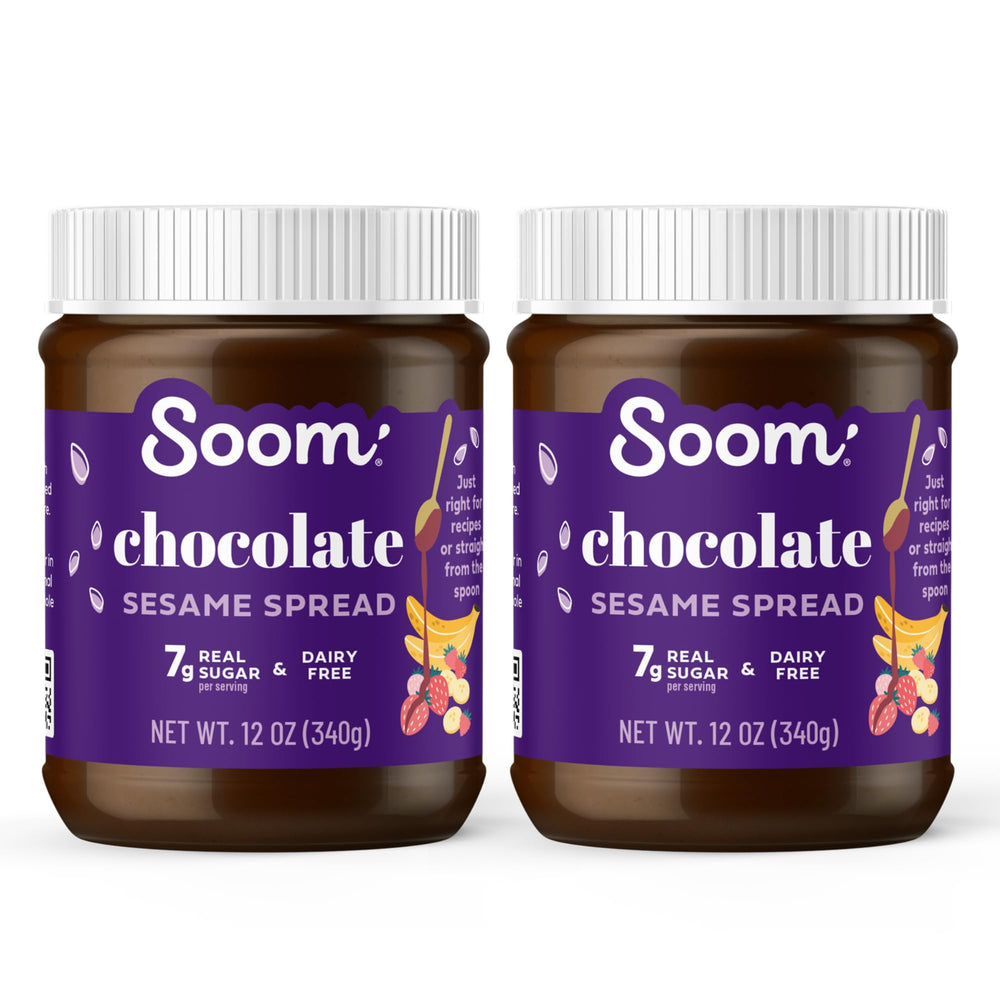 Soom Chocolate Tahini Spread jar showing rich, creamy texture