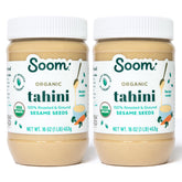 Soom Organic Tahini 16oz two-pack bottle front, creamy sesame paste for hummus.