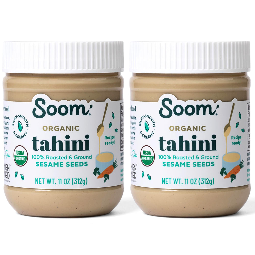 Soom Organic Tahini 11oz jar front shows premium sesame paste for rich flavor.