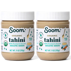 Soom Organic Tahini 11oz jar front shows premium sesame paste for rich flavor.