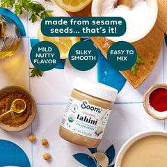 Soom Organic Tahini creamy spread on toast highlights nut-free vegan protein option.