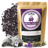 Sou Zen Earl Grey Lavender tea bags pyramid ready to steep with bright aroma.