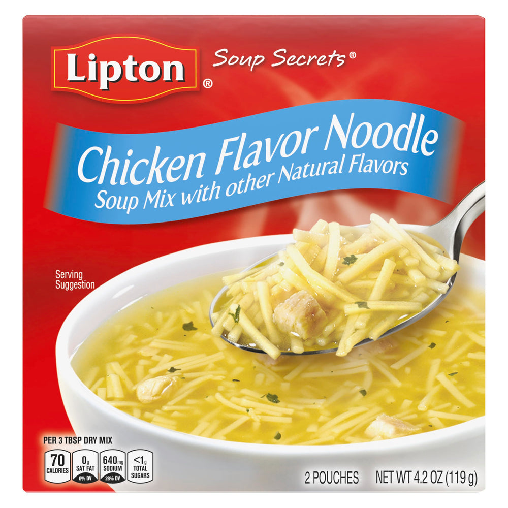 SOUP SECRETS Lipton Chicken Noodle Soup box—quick, convenient meals in minutes.