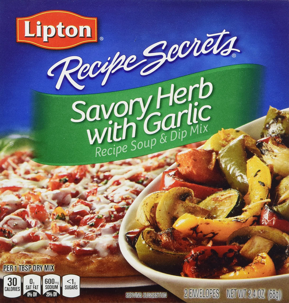 SOUP SECRETS Lipton Savory Herb Garlic dry mix box front for flavoring soups.