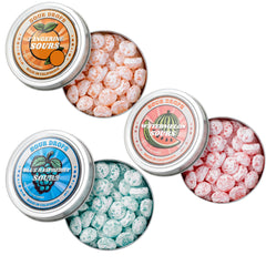 Sour Drops Tangerine tin close-up showing bold sour coating and citrus tang.
