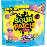 Sour Patch Kids Fruits Tropical Mix bag showing colorful shapes for sharing.