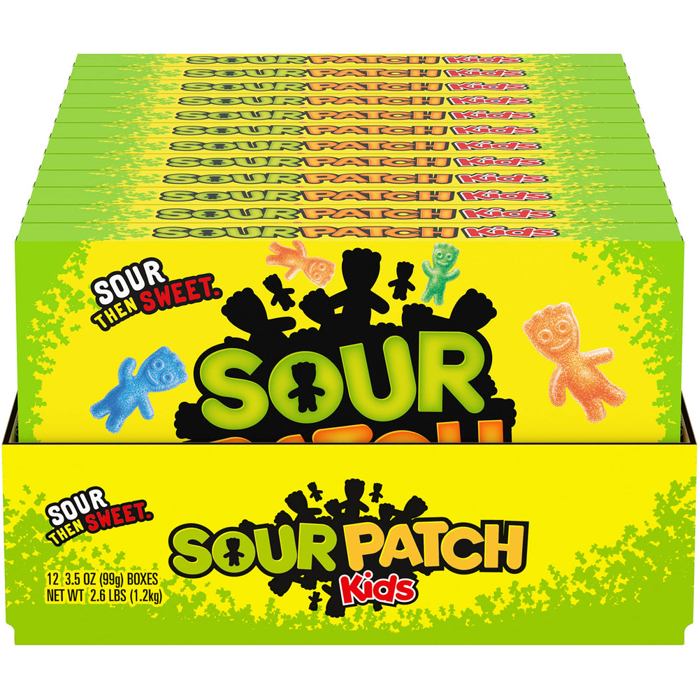 Sour Patch Kids box front shows colorful flavors for on-the-go snacking.