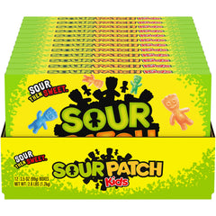 Sour Patch Kids box front shows colorful flavors for on-the-go snacking.