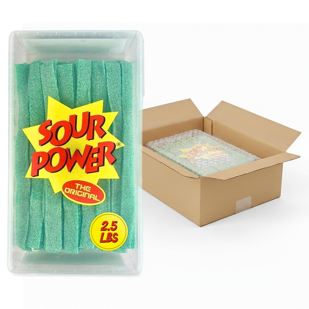 Sour Power Green Apple Candy Belts tub front view, bulk party snack.