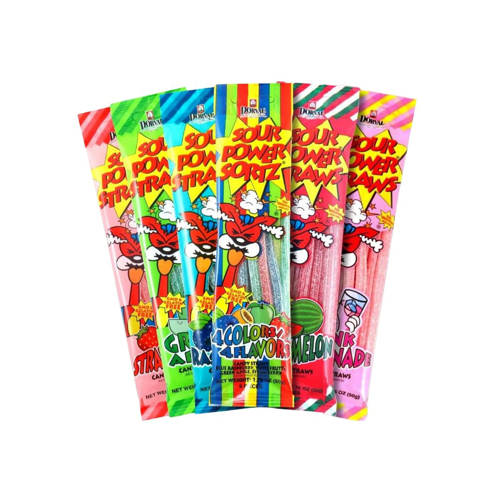 Sour Power Straws strawberry pack close-up for a fruity snack moment.