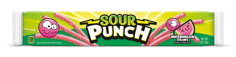 Sour Punch Straws Watermelon flavor tray close-up showing juicy fruit flavor for sharing.