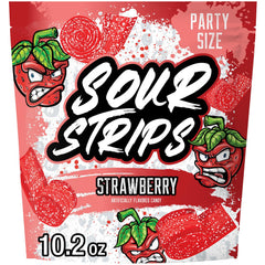 SOUR STRIPS strawberry candy bag on table, a shareable party snack.