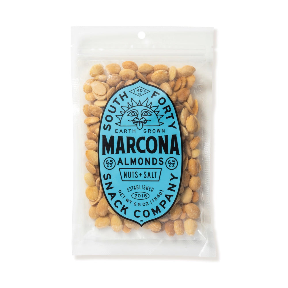 South 40 dry roasted Marcona almonds—crisp, oil-free crunch for snacking